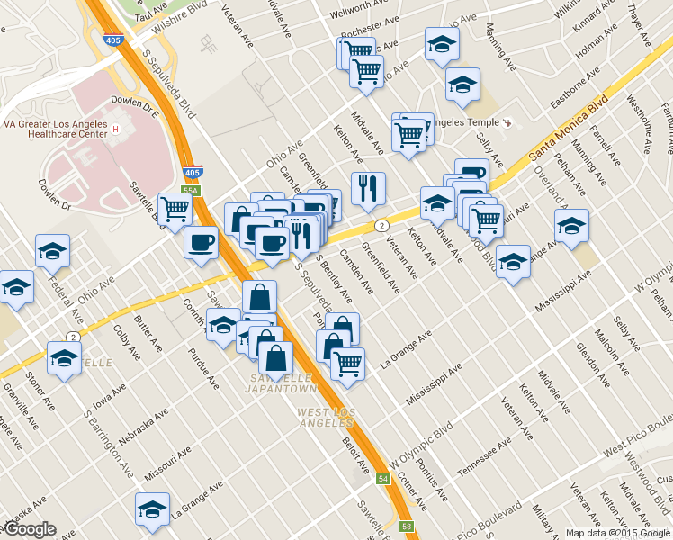 map of restaurants, bars, coffee shops, grocery stores, and more near 1742 South Bentley Avenue in Los Angeles