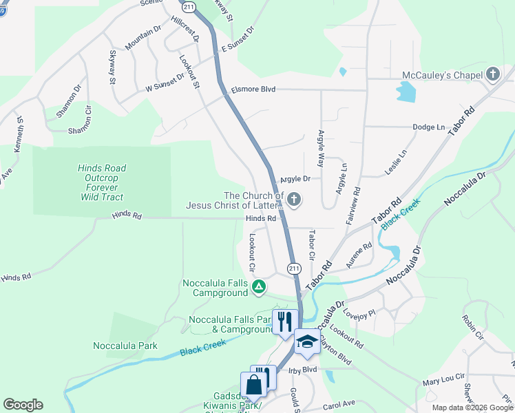 map of restaurants, bars, coffee shops, grocery stores, and more near 2005 Lookout Street in Gadsden