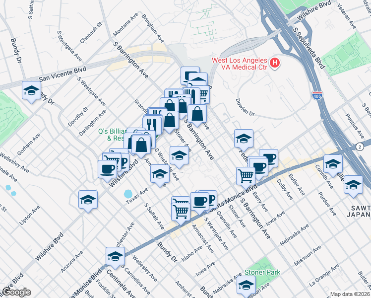 map of restaurants, bars, coffee shops, grocery stores, and more near 1261 Stoner Avenue in Los Angeles