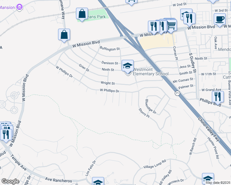 map of restaurants, bars, coffee shops, grocery stores, and more near 1108 Overden Pl in Pomona