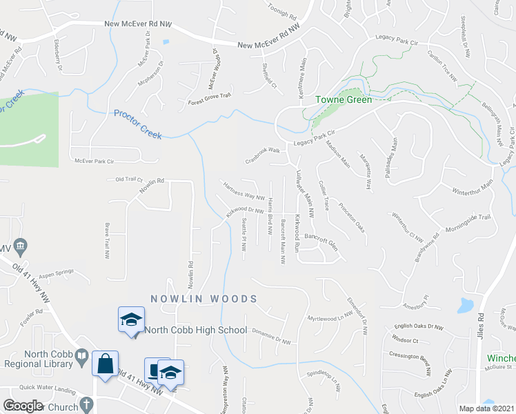 map of restaurants, bars, coffee shops, grocery stores, and more near 3068 Kirkwood Drive Northwest in Kennesaw