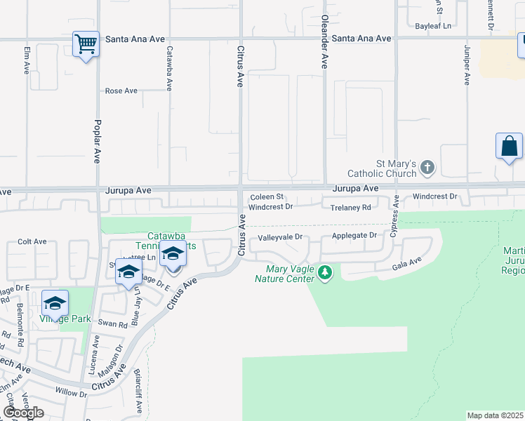 map of restaurants, bars, coffee shops, grocery stores, and more near 16165 Windcrest Drive in Fontana