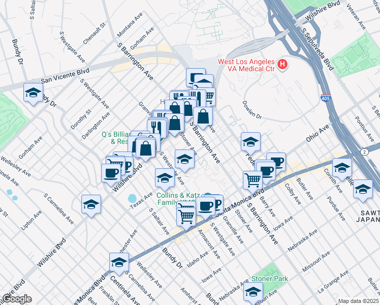 map of restaurants, bars, coffee shops, grocery stores, and more near 1261 Stoner Avenue in Los Angeles