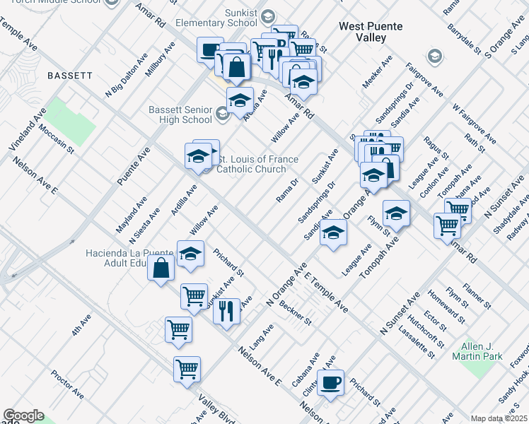 map of restaurants, bars, coffee shops, grocery stores, and more near 627 Rama Drive in La Puente