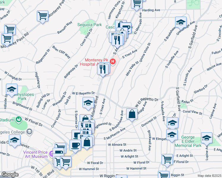map of restaurants, bars, coffee shops, grocery stores, and more near 1301 Loma Verde Street in Monterey Park