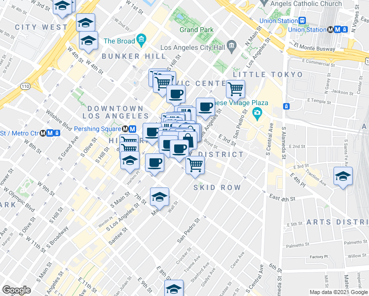 map of restaurants, bars, coffee shops, grocery stores, and more near 411 South Los Angeles Street in Los Angeles
