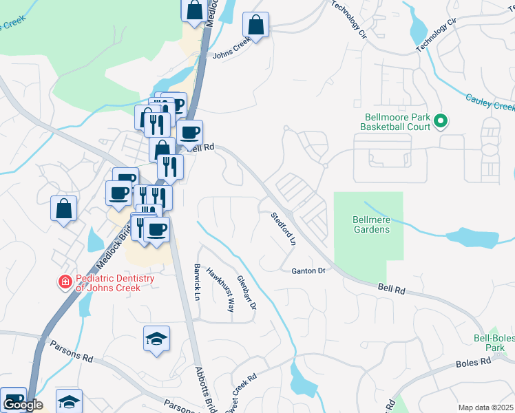 map of restaurants, bars, coffee shops, grocery stores, and more near 6400 Stapleford Lane in Duluth