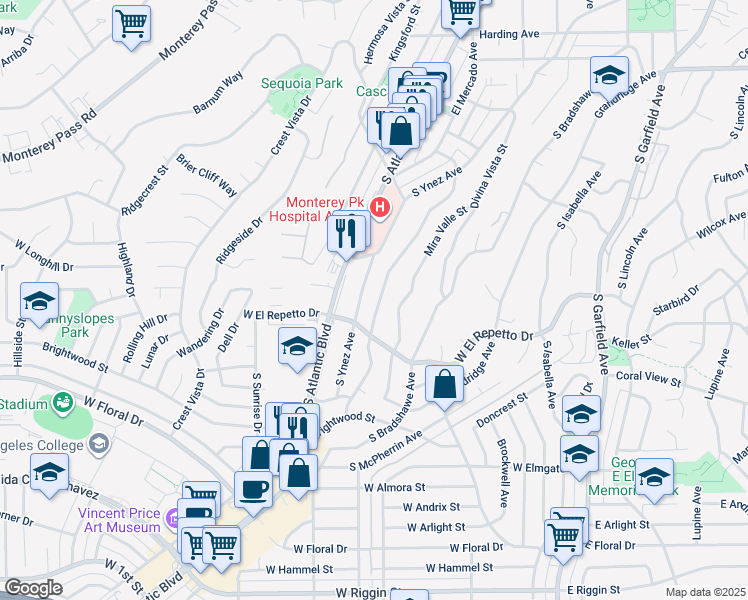 map of restaurants, bars, coffee shops, grocery stores, and more near 1301 Loma Verde Street in Monterey Park