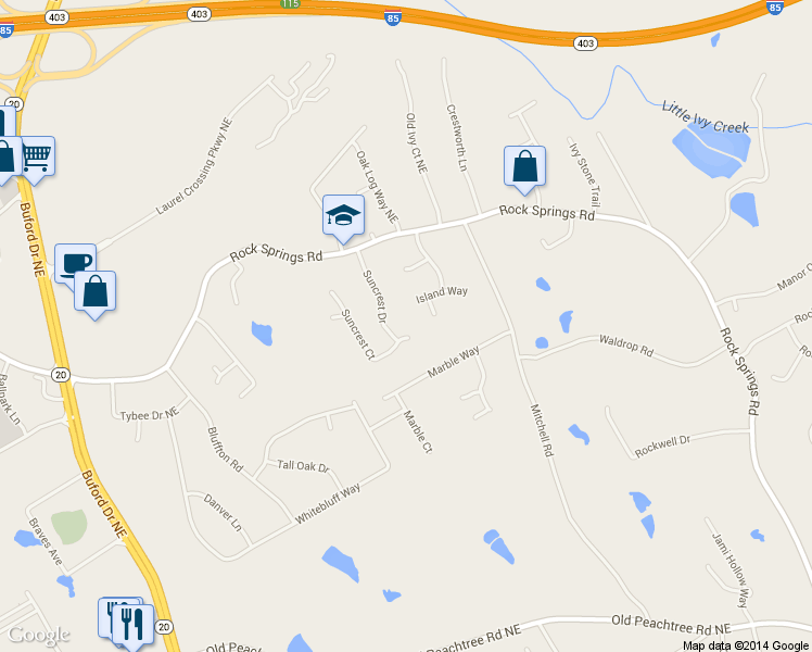 map of restaurants, bars, coffee shops, grocery stores, and more near 2445 Suncrest Ct in Buford