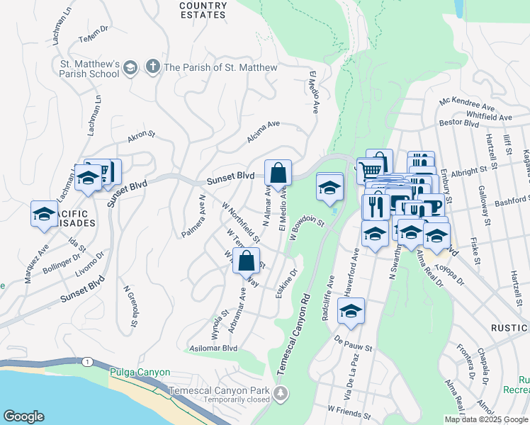 map of restaurants, bars, coffee shops, grocery stores, and more near 16011 West Junaluska Way in Los Angeles