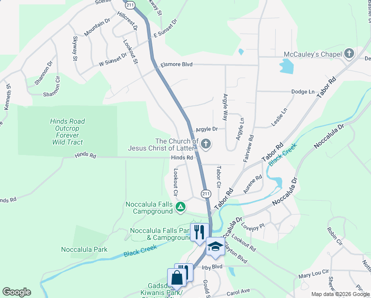 map of restaurants, bars, coffee shops, grocery stores, and more near 2005 Lookout Street in Gadsden
