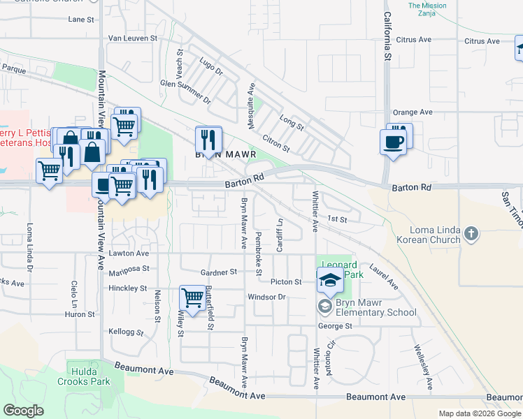 map of restaurants, bars, coffee shops, grocery stores, and more near 26148 Workman Place in Loma Linda