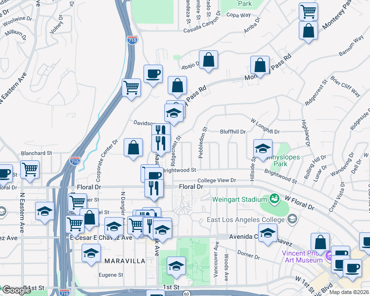 map of restaurants, bars, coffee shops, grocery stores, and more near 1360 Stonewell Street in Monterey Park