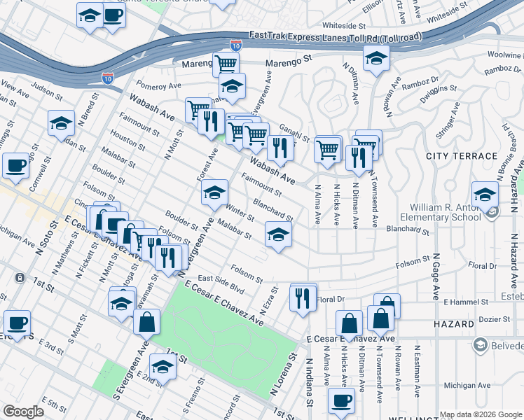 map of restaurants, bars, coffee shops, grocery stores, and more near 3126 Blanchard Street in Los Angeles