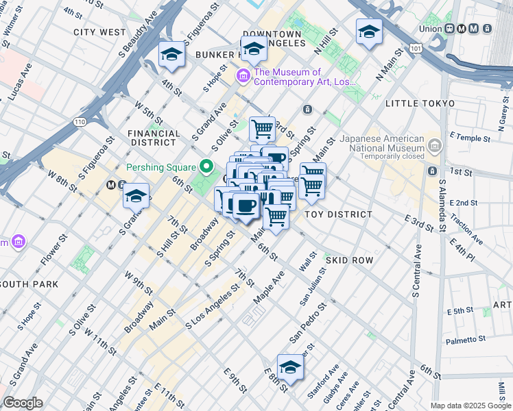 map of restaurants, bars, coffee shops, grocery stores, and more near 510 South Spring Street in Los Angeles