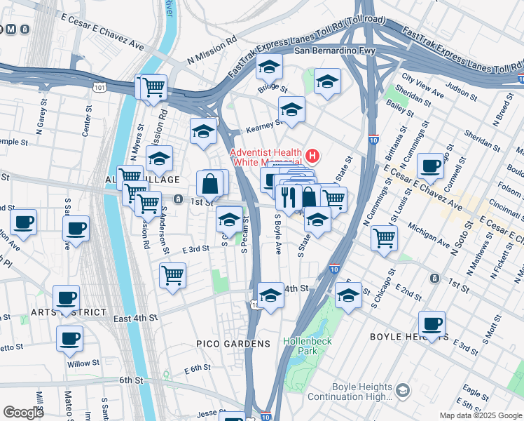 map of restaurants, bars, coffee shops, grocery stores, and more near 1726 East 1st Street in Los Angeles