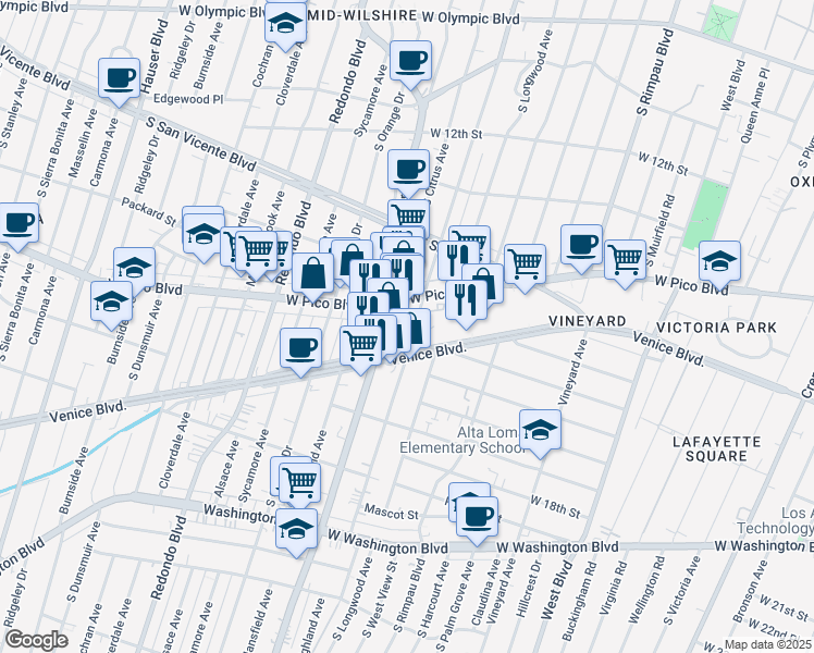 map of restaurants, bars, coffee shops, grocery stores, and more near 1437 South Highland Avenue in Los Angeles
