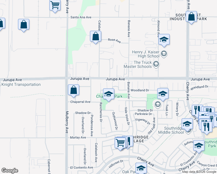 map of restaurants, bars, coffee shops, grocery stores, and more near 13910 Woodland Drive in Fontana
