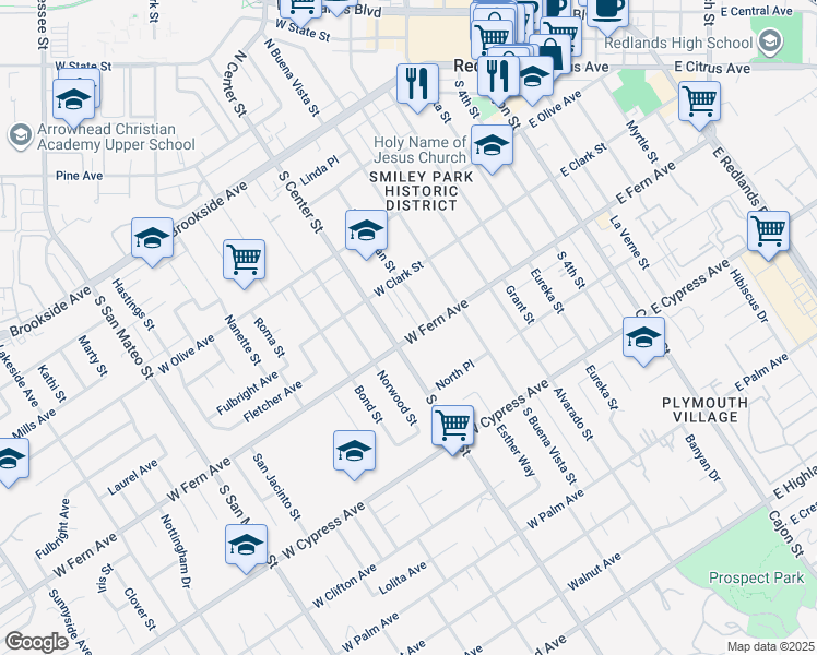 map of restaurants, bars, coffee shops, grocery stores, and more near 628 West Fern Avenue in Redlands