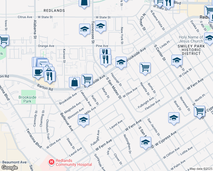 map of restaurants, bars, coffee shops, grocery stores, and more near 1421 Magnolia Avenue in Redlands
