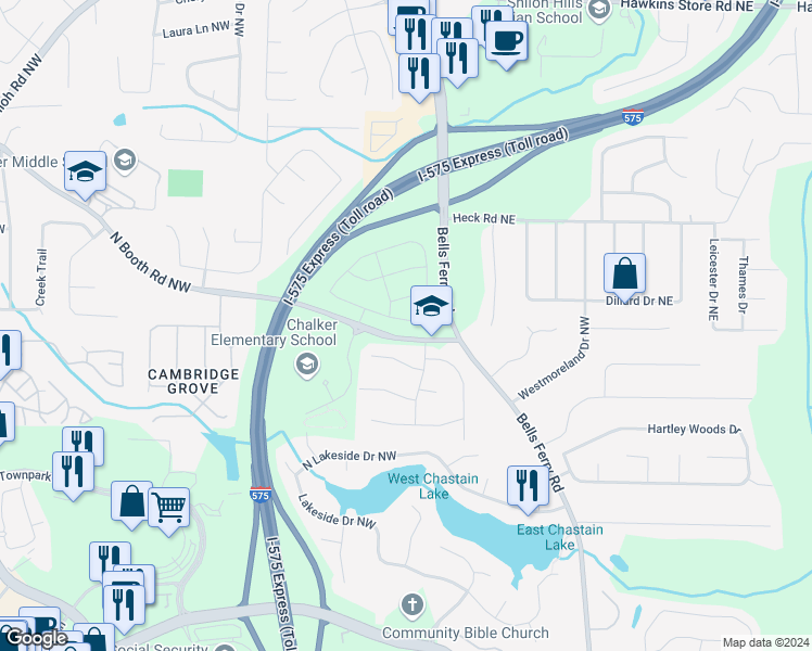 map of restaurants, bars, coffee shops, grocery stores, and more near 188 Vinca Circle Northwest in Kennesaw