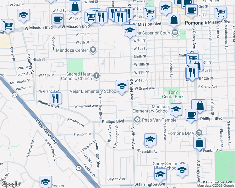 map of restaurants, bars, coffee shops, grocery stores, and more near 996 West Grand Avenue in Pomona