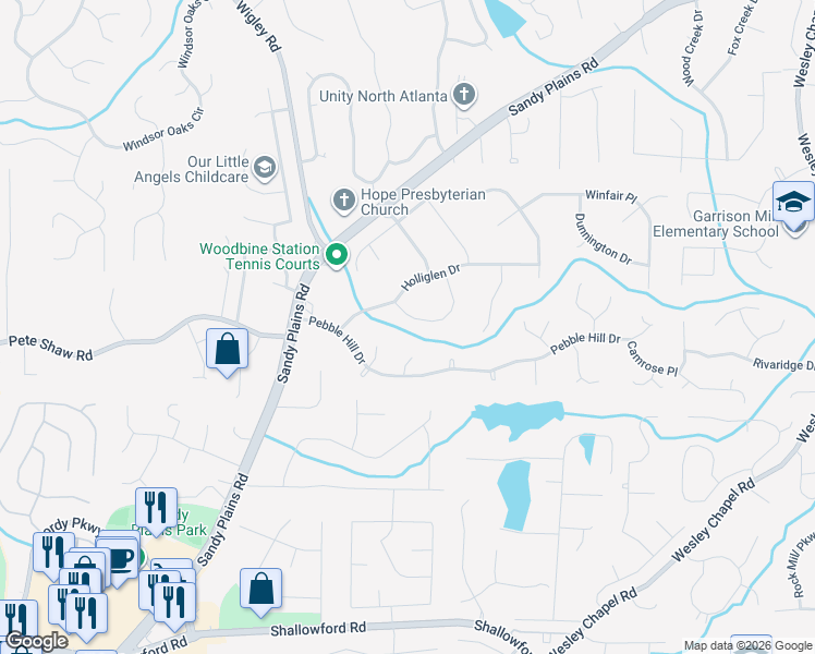 map of restaurants, bars, coffee shops, grocery stores, and more near 3394 Brandon Hall Way in Marietta