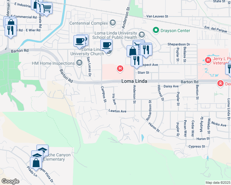 map of restaurants, bars, coffee shops, grocery stores, and more near 11375 Iris Avenue in Loma Linda