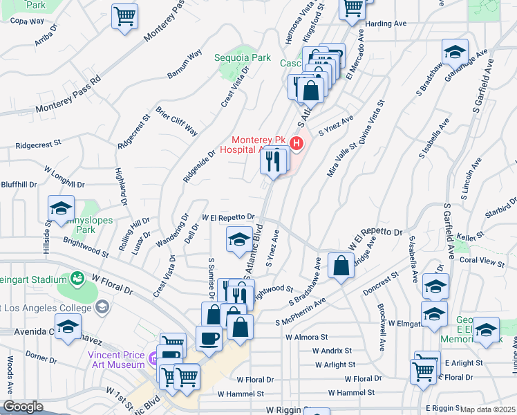 map of restaurants, bars, coffee shops, grocery stores, and more near 1320 South Atlantic Boulevard in Monterey Park