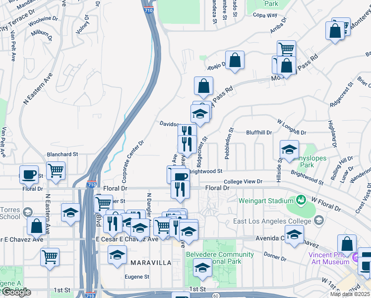 map of restaurants, bars, coffee shops, grocery stores, and more near 1396 Monterey Pass Road in Monterey Park
