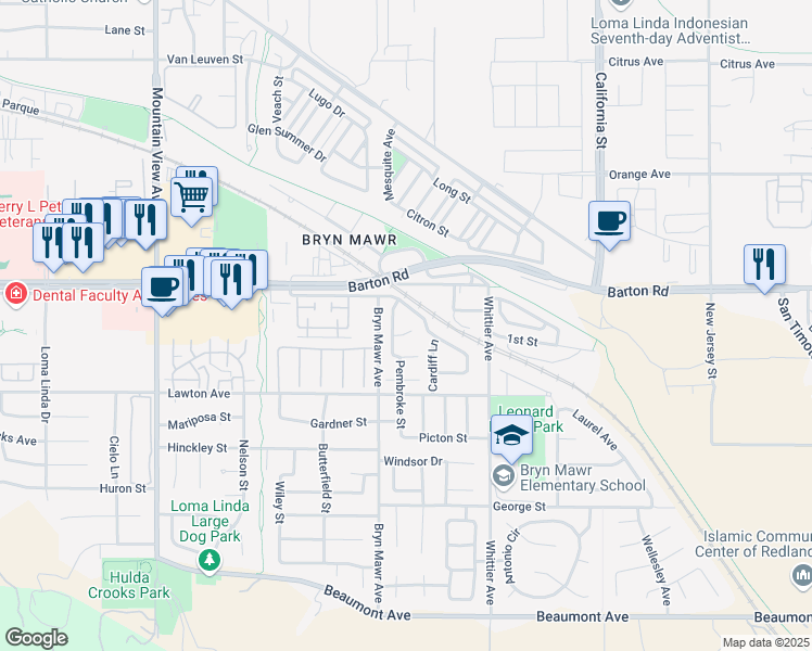 map of restaurants, bars, coffee shops, grocery stores, and more near 26148 Workman Place in Loma Linda