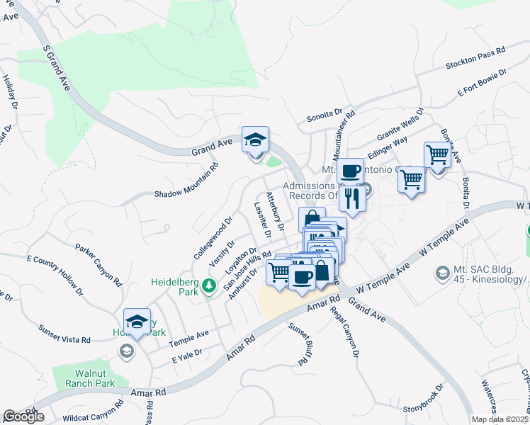 map of restaurants, bars, coffee shops, grocery stores, and more near 1442 Lassiter Drive in Walnut