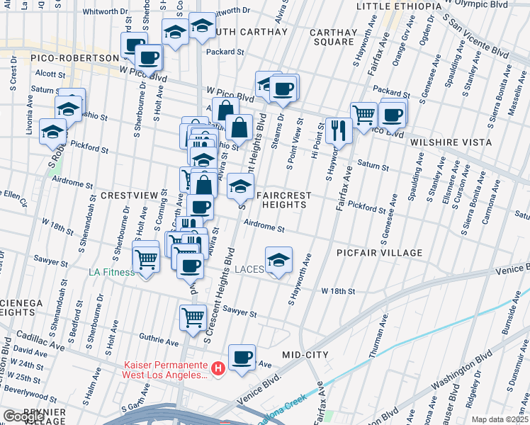 map of restaurants, bars, coffee shops, grocery stores, and more near 1638 Stearns Drive in Los Angeles