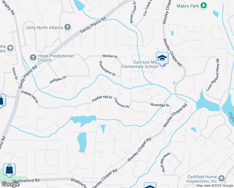 map of restaurants, bars, coffee shops, grocery stores, and more near 3627 Pebble Hill Drive in Marietta