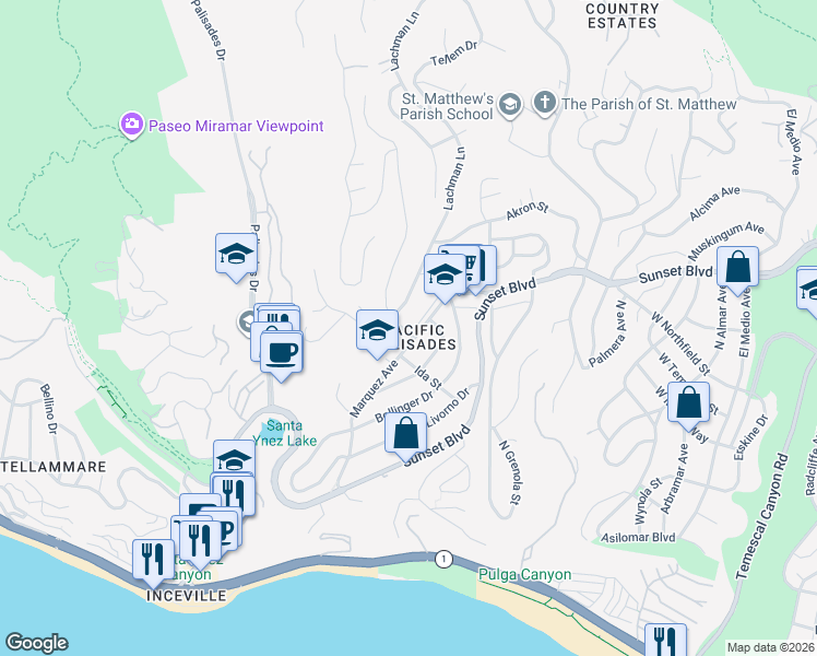 map of restaurants, bars, coffee shops, grocery stores, and more near 16767 Marquez Terrace in Los Angeles