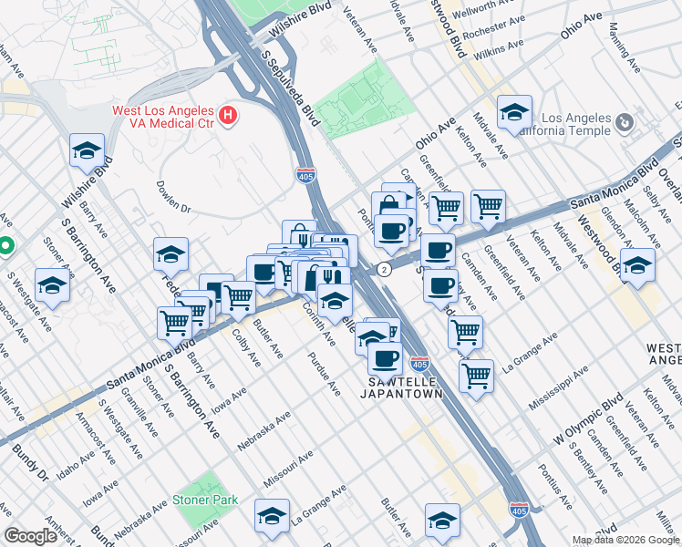 map of restaurants, bars, coffee shops, grocery stores, and more near 1625 Beloit Avenue in Los Angeles