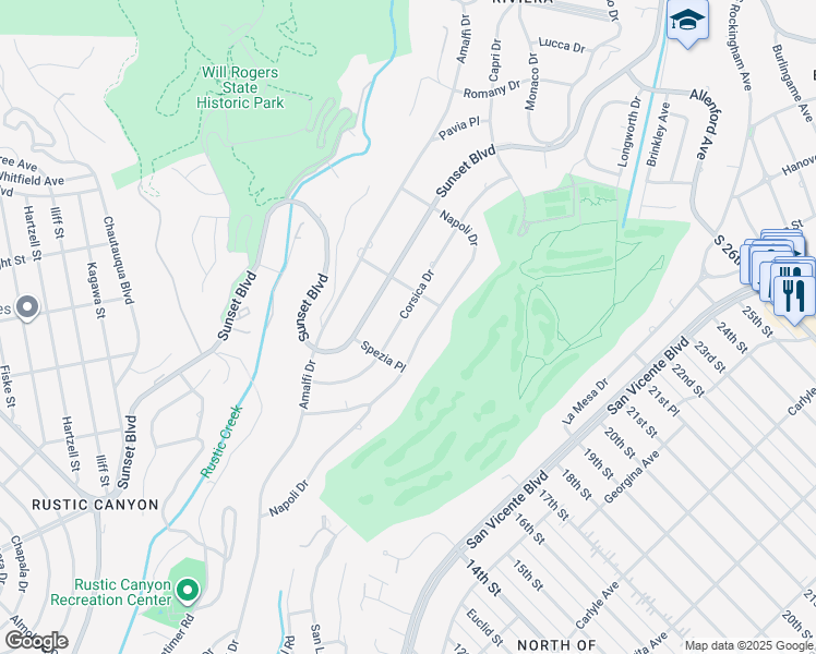 map of restaurants, bars, coffee shops, grocery stores, and more near 1040 Corsica Drive in Los Angeles