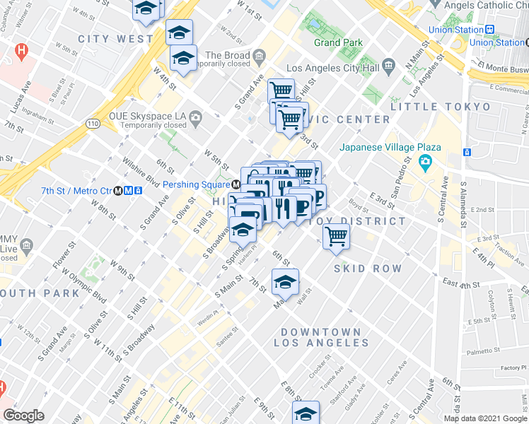 map of restaurants, bars, coffee shops, grocery stores, and more near 517 South Spring Street in Los Angeles