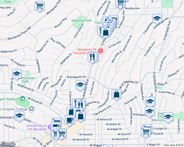 map of restaurants, bars, coffee shops, grocery stores, and more near 1320 S Atlantic Blvd in Monterey Park