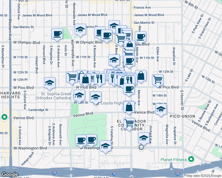 map of restaurants, bars, coffee shops, grocery stores, and more near 2596 West Pico Boulevard in Los Angeles