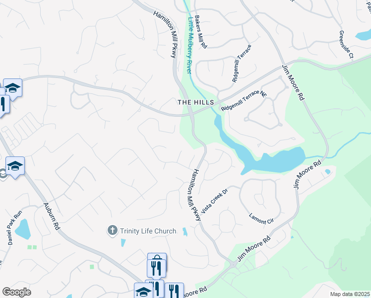map of restaurants, bars, coffee shops, grocery stores, and more near 1509 Mill Grove Court in Dacula