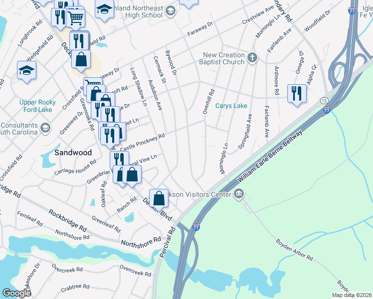 map of restaurants, bars, coffee shops, grocery stores, and more near 1661 Bywood Drive in Columbia