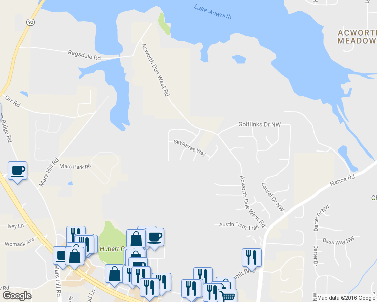 map of restaurants, bars, coffee shops, grocery stores, and more near 4410 Singletree Way in Acworth