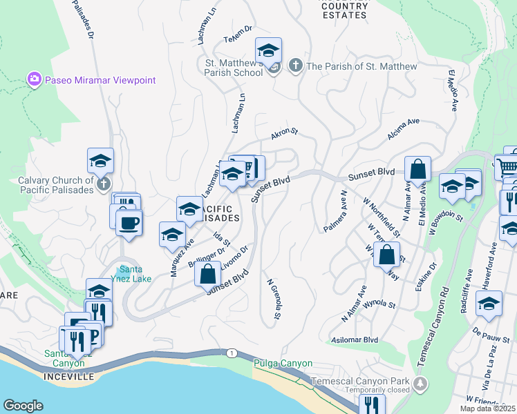 map of restaurants, bars, coffee shops, grocery stores, and more near 627 Baylor Street in Los Angeles