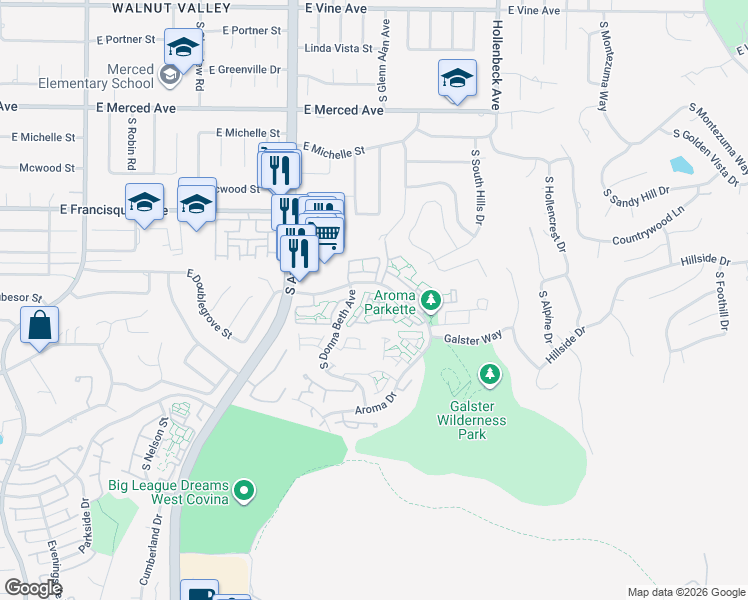 map of restaurants, bars, coffee shops, grocery stores, and more near 2127 Abrazo Street in West Covina