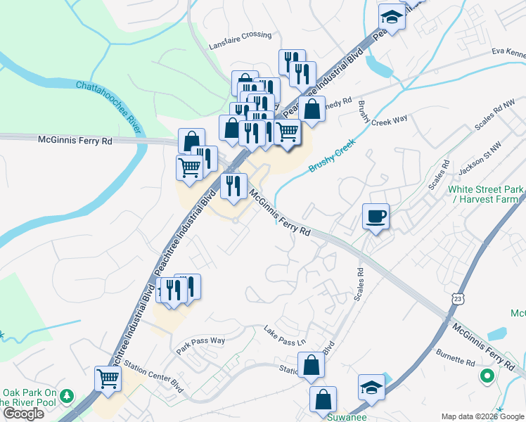 map of restaurants, bars, coffee shops, grocery stores, and more near 400 Suwanee Walk Avenue in Suwanee