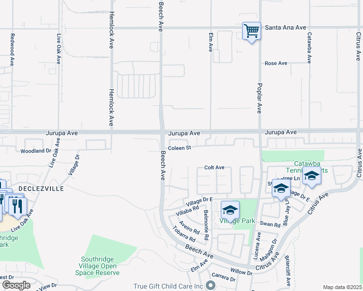 map of restaurants, bars, coffee shops, grocery stores, and more near 15374 Coleen Street in Fontana