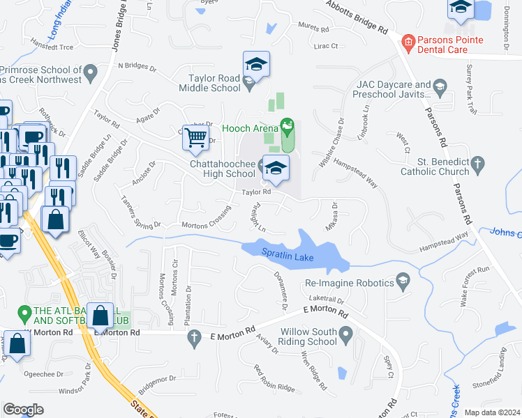 map of restaurants, bars, coffee shops, grocery stores, and more near 5145 Firelight Lane in Alpharetta