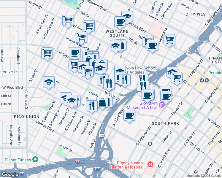map of restaurants, bars, coffee shops, grocery stores, and more near 1025 Albany Street in Los Angeles