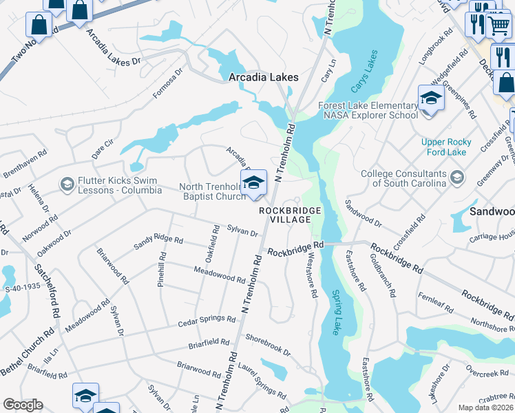 map of restaurants, bars, coffee shops, grocery stores, and more near 4217 Arcadia Road in Columbia
